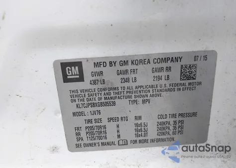 2016 Chevrolet Trax Lt из США, поврежденный, VIN KL7CJPSBXGB505539